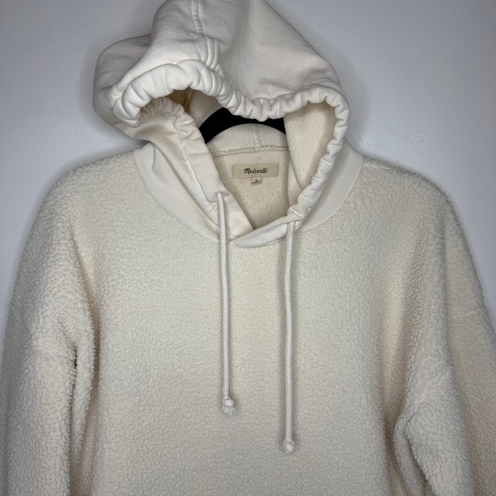 Madewell Sherpa Fleece Hoodie Pullover Bubble Sleeve M Cream Ivory Cozy Casual - Picture 2 of 11